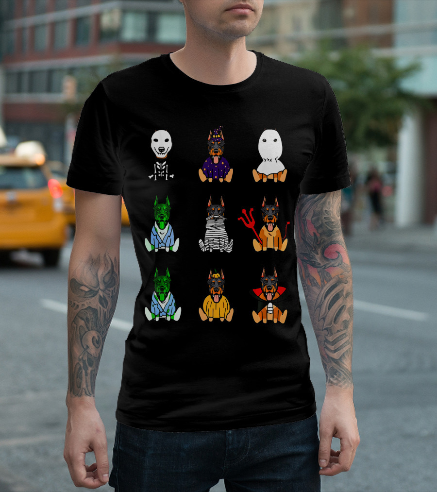 Doberman Pinscher Halloween Costumes Skeleton Wizard Ghost Mummy Devil Dracula T-Shirt