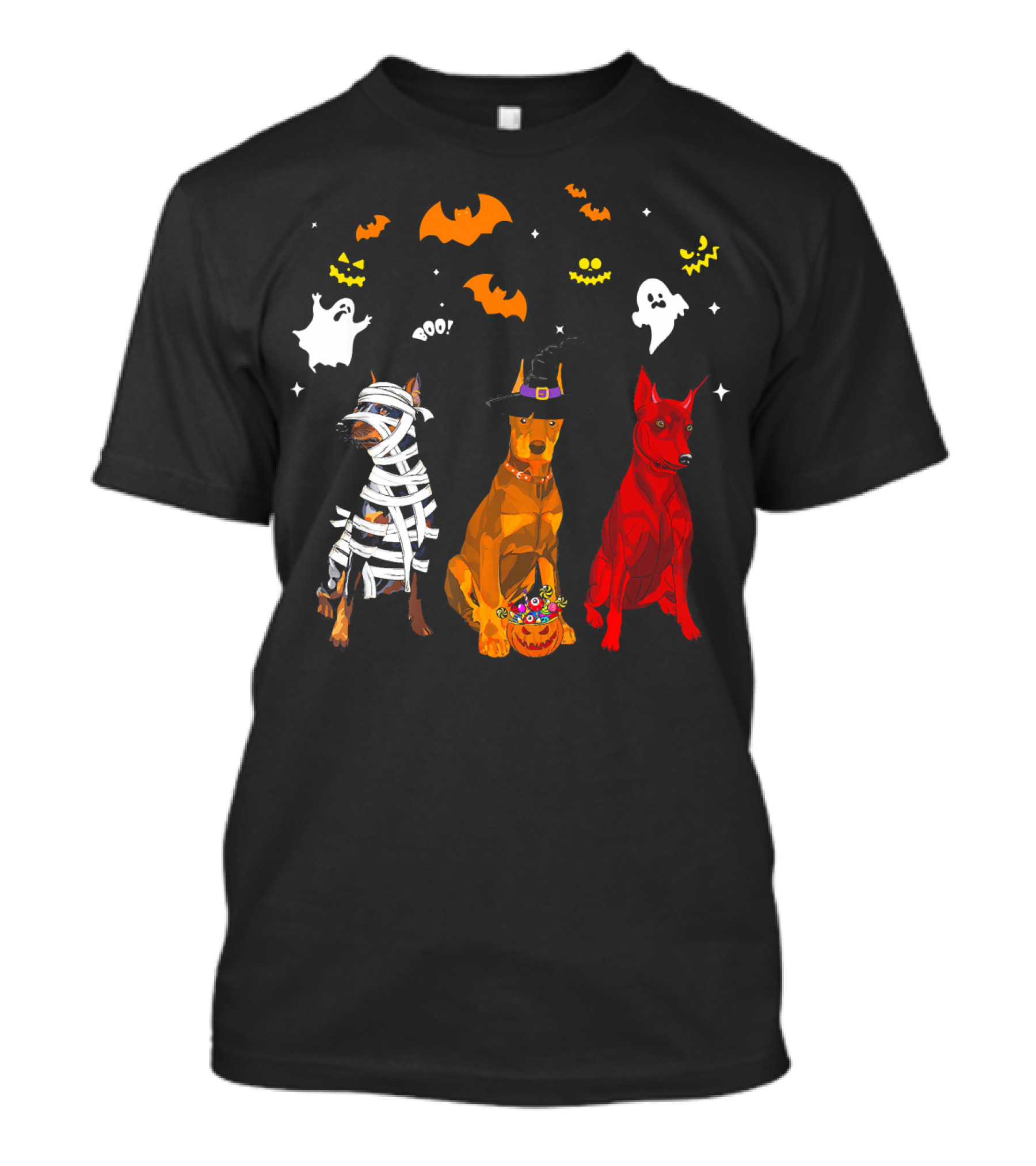 Halloween Doberman Pinscher Mummy Witch Ghost Bat Pumpkin Dogs Lovers T-Shirt