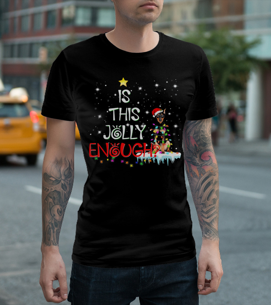 Is This Jolly Enough Funny Doberman Santa Christmas Lights T-Shirt