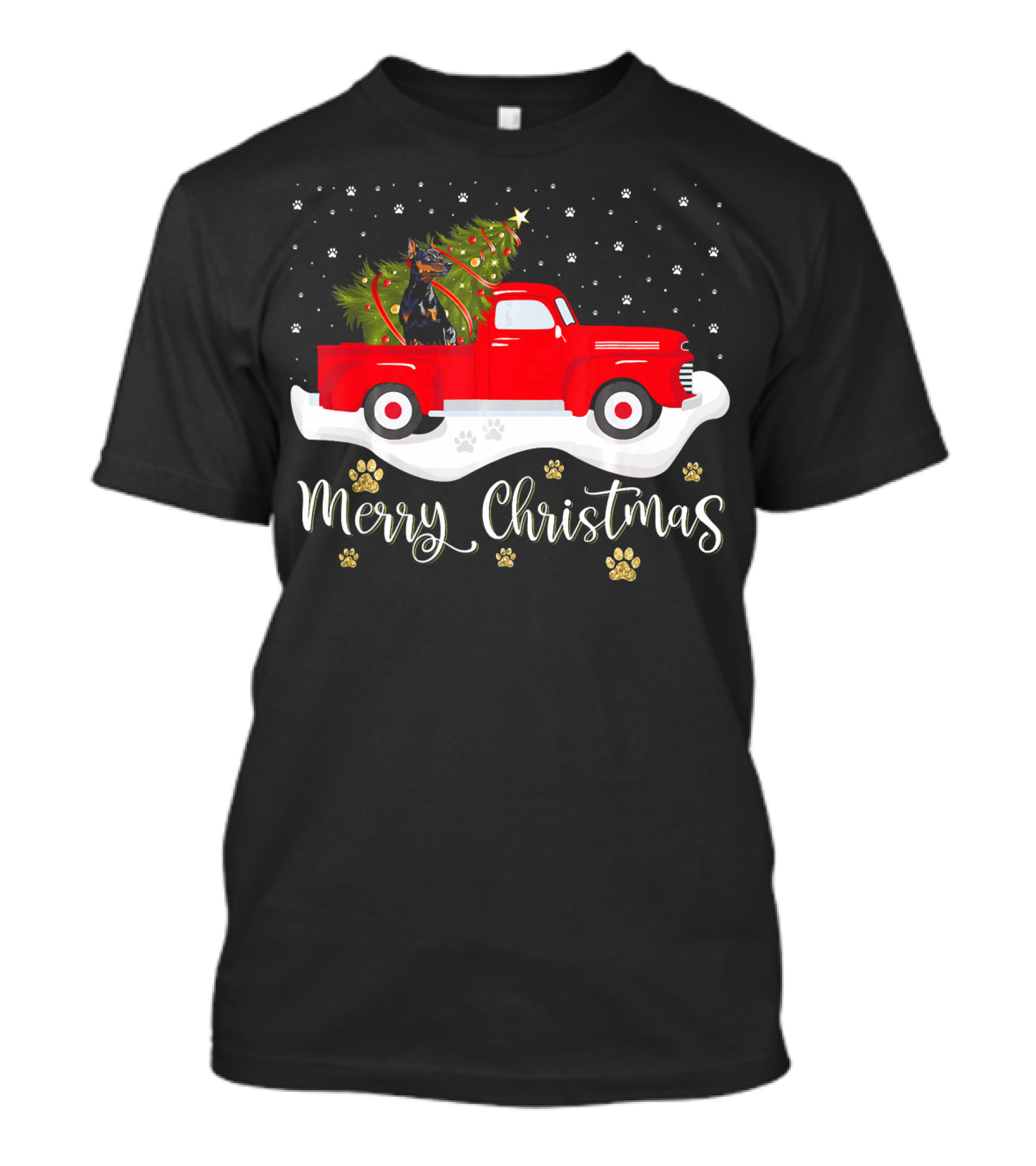 Merry Christmas Red Truck Doberman With Christmas Tree Snowflakes And Paw Prints T-Shirt