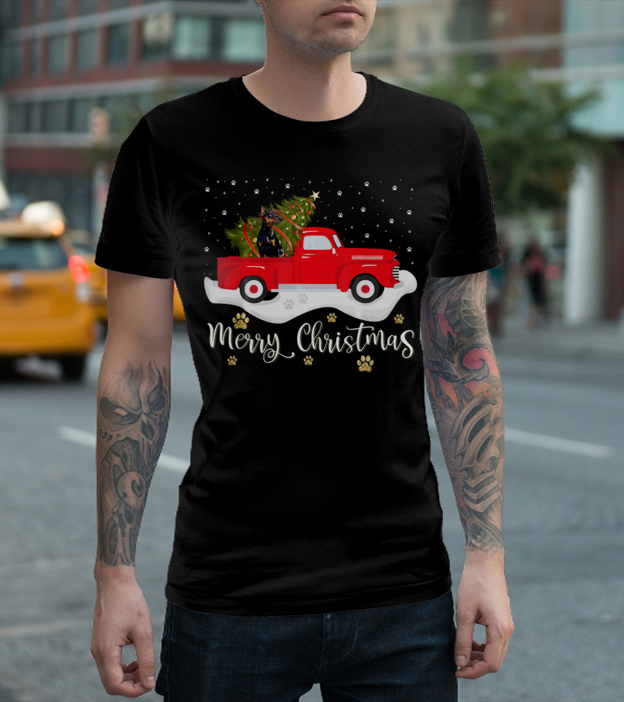 Merry Christmas Red Truck Doberman With Christmas Tree Snowflakes And Paw Prints T-Shirt