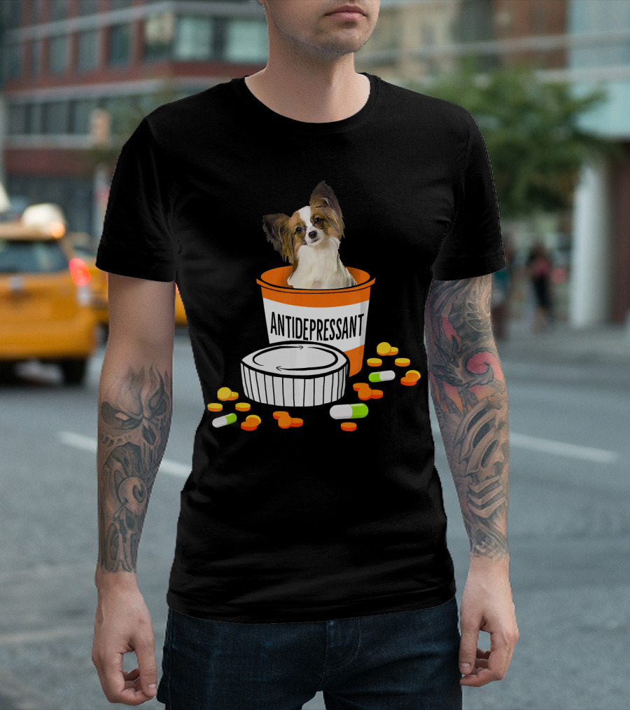 Papillon Antidepressant Prescription Dog in Pill Bottle T-Shirt