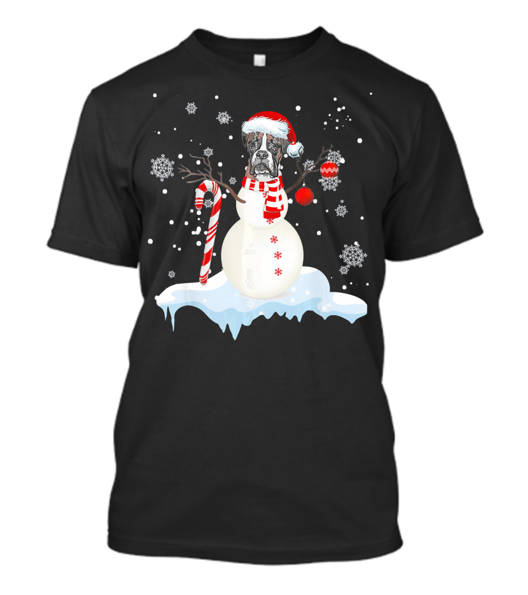 Boxer Dog Snowman With Santa Hat And Candy Cane On Snowflakes T-Shirt