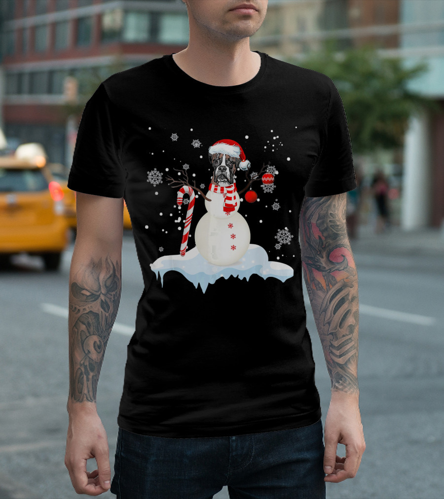 Boxer Dog Snowman With Santa Hat And Candy Cane On Snowflakes T-Shirt