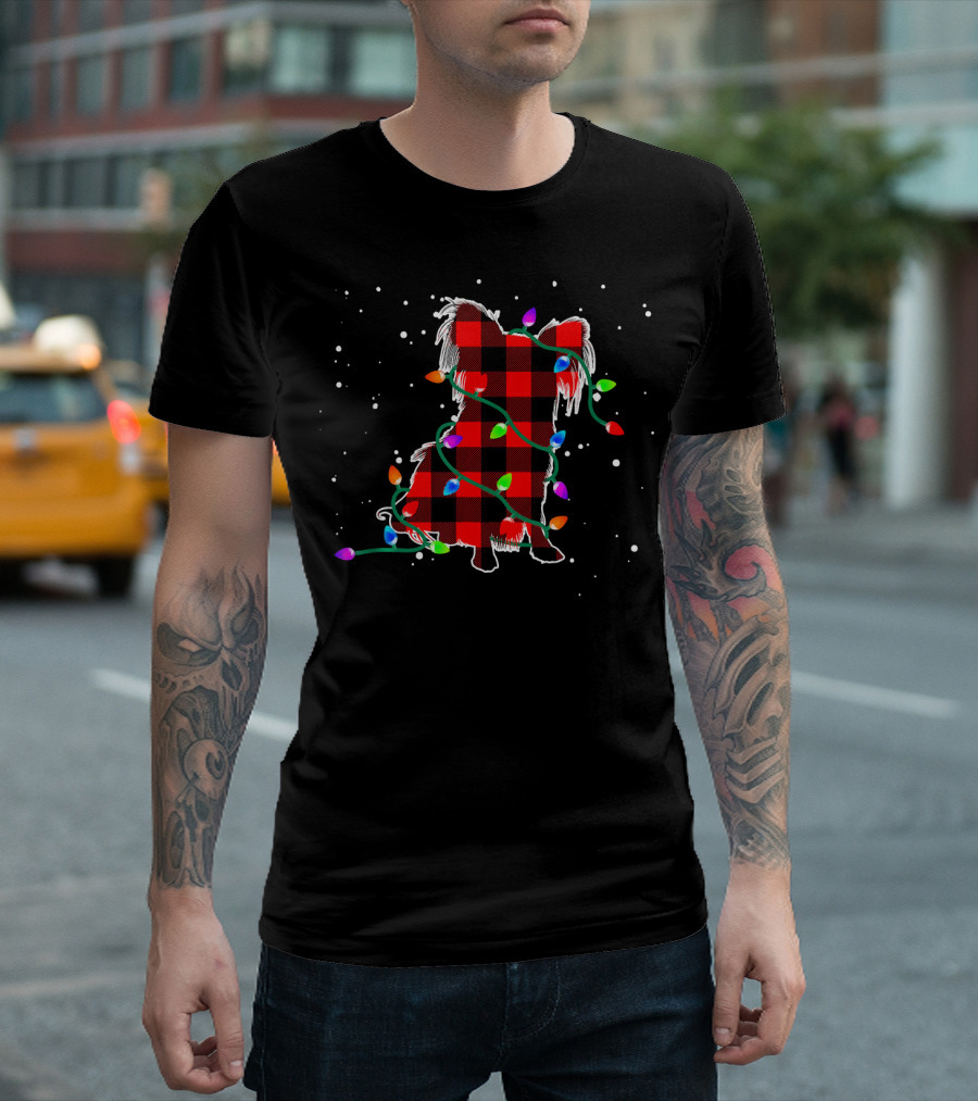 Papillon Dog Buffalo Plaid Christmas Lights T-Shirt