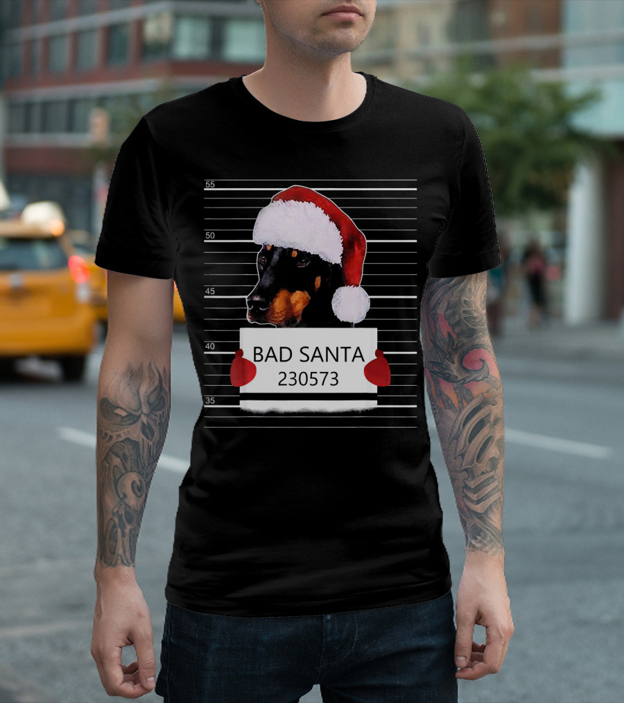 Doberman Bad Santa Claus Mugshot Christmas Costume T-Shirt