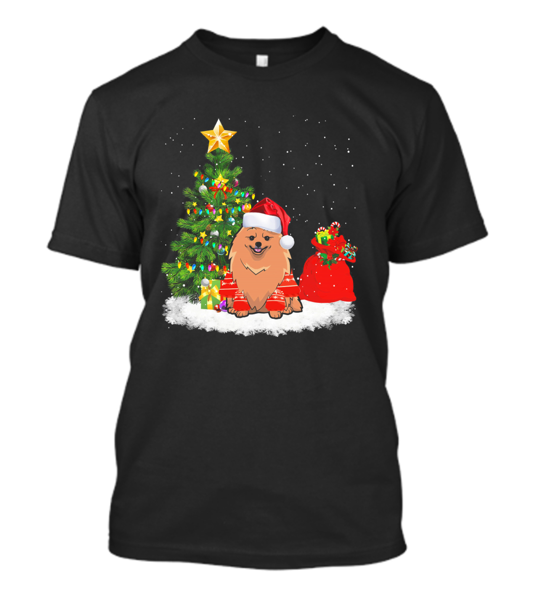Pomeranian Dog Christmas Tree Santa Hat Snow T-Shirt