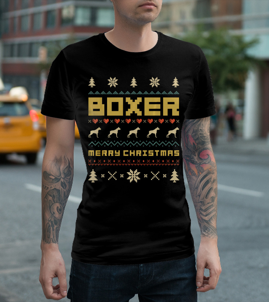 Retro 1970s Style BOXER Dog Merry Christmas Snowflakes Trees Hearts T-Shirt