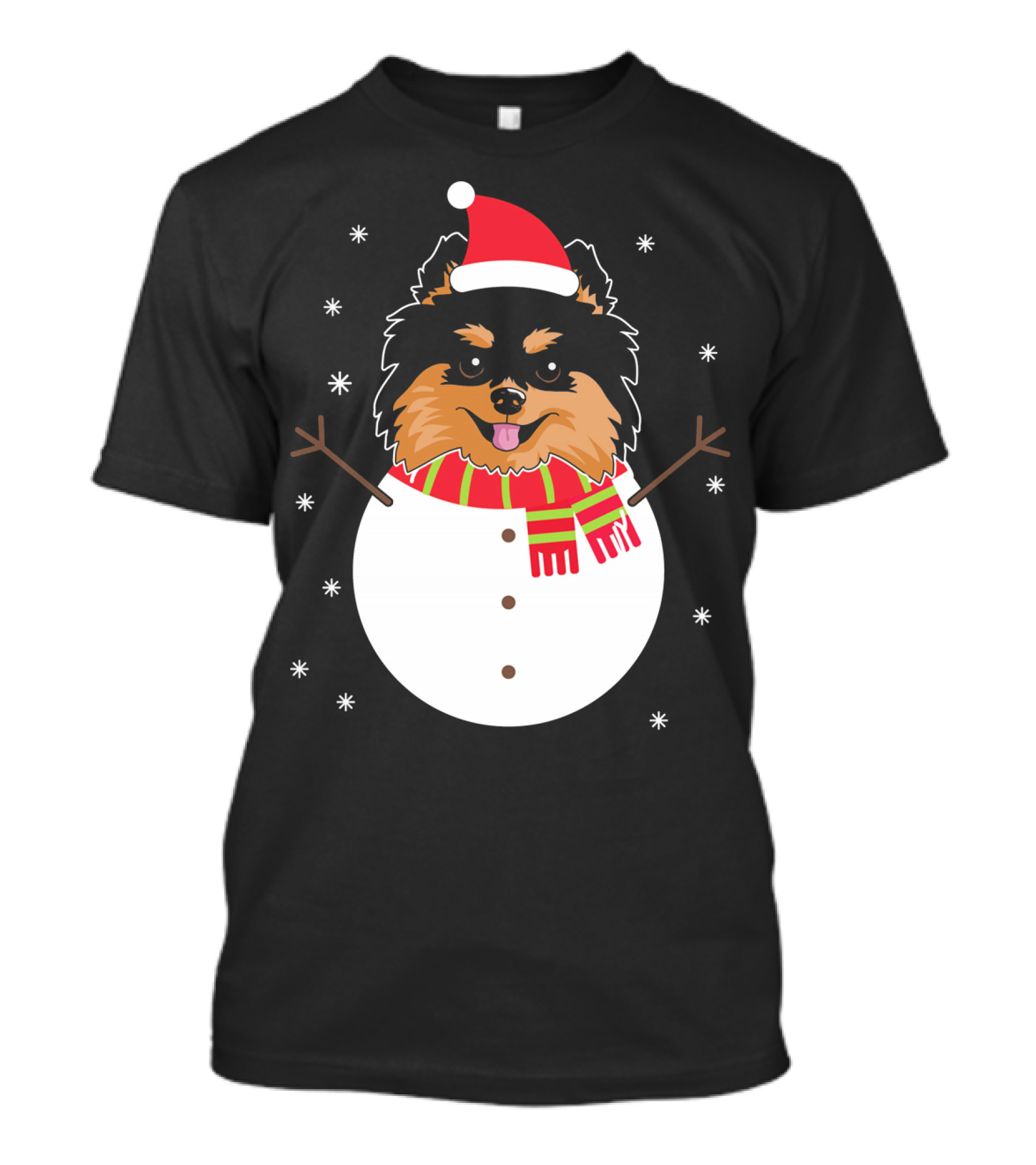 Pomeranian Funny Snowman Christmas Holiday Dog In Santa Hat And Scarf T-Shirt