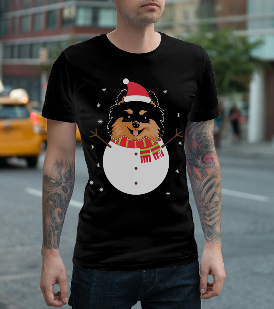 Pomeranian Funny Snowman Christmas Holiday Dog In Santa Hat And Scarf T-Shirt