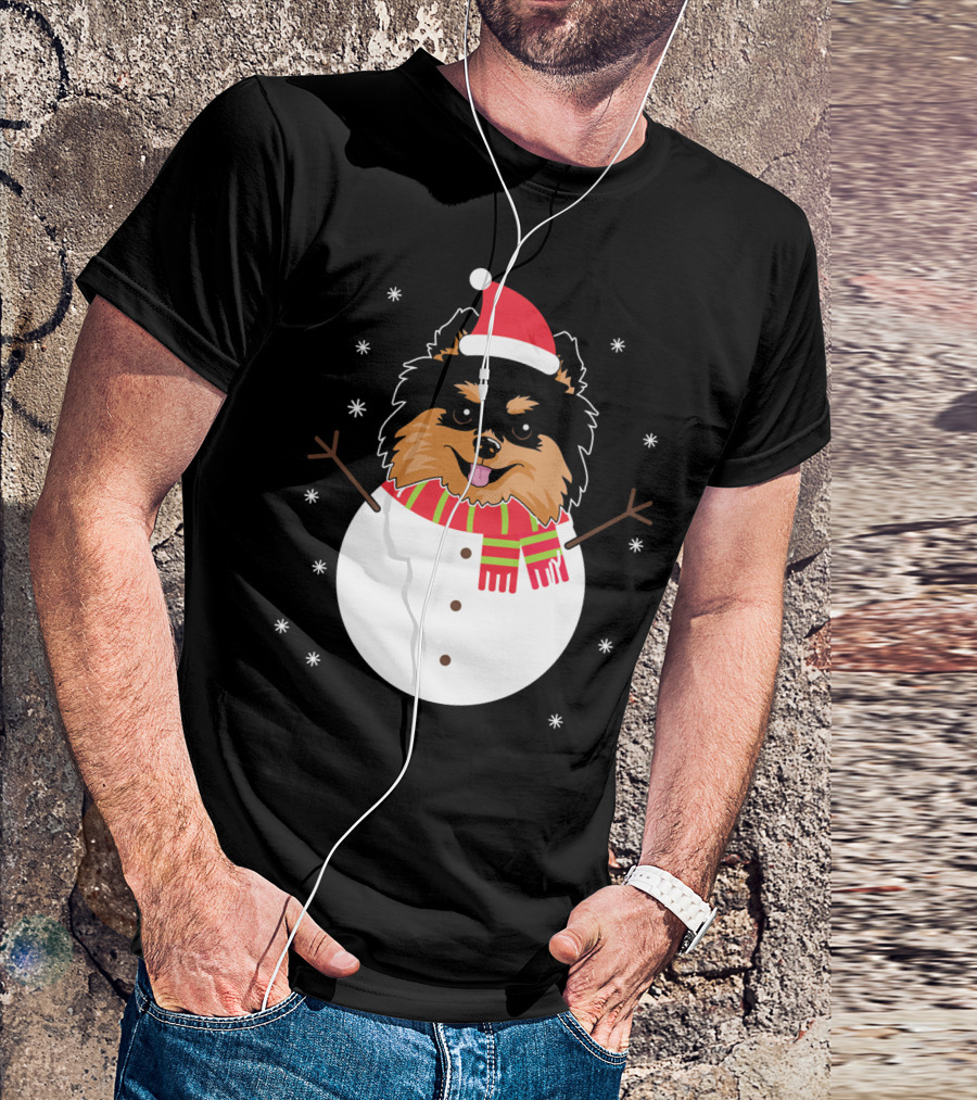 Pomeranian Funny Snowman Christmas Holiday Dog In Santa Hat And Scarf T-Shirt