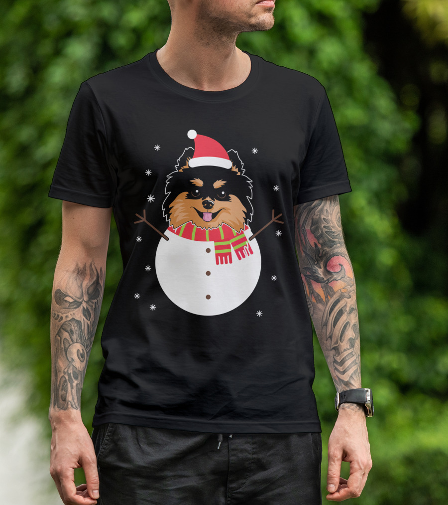 Pomeranian Funny Snowman Christmas Holiday Dog In Santa Hat And Scarf T-Shirt