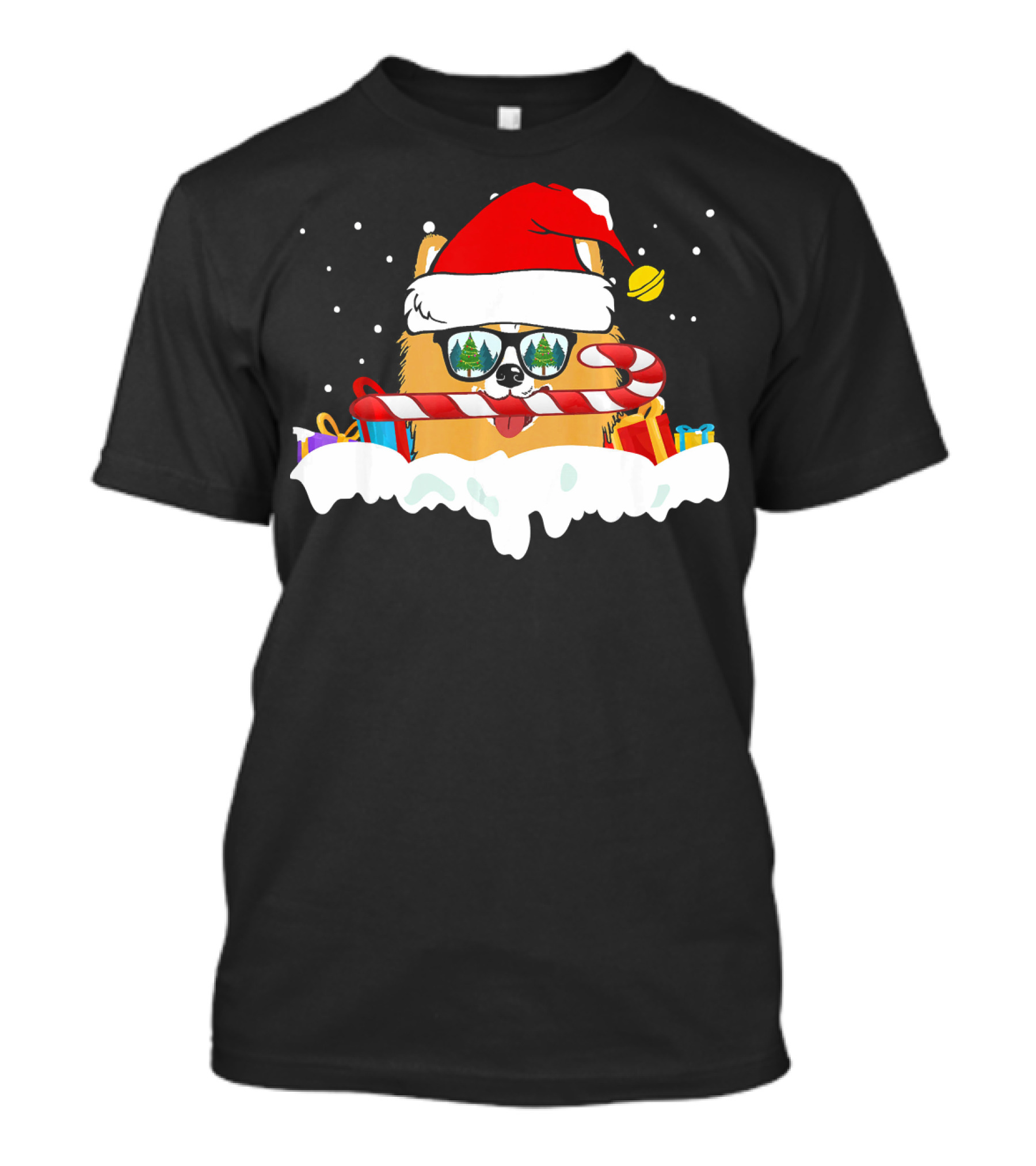 Pomeranian Santa With Candy Cane And Christmas Gifts Snow Scene T-Shirt