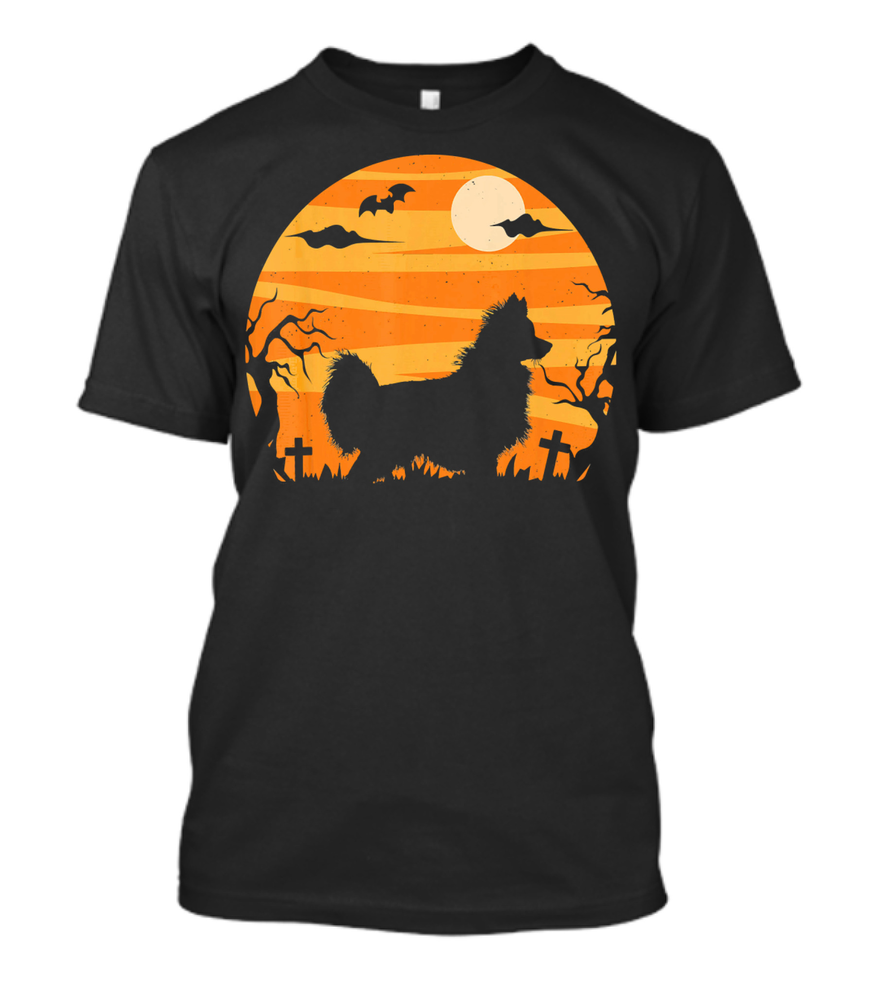Papillon Dog Silhouette In Spooky Halloween Night Scene With Full Moon And Bats T-Shirt