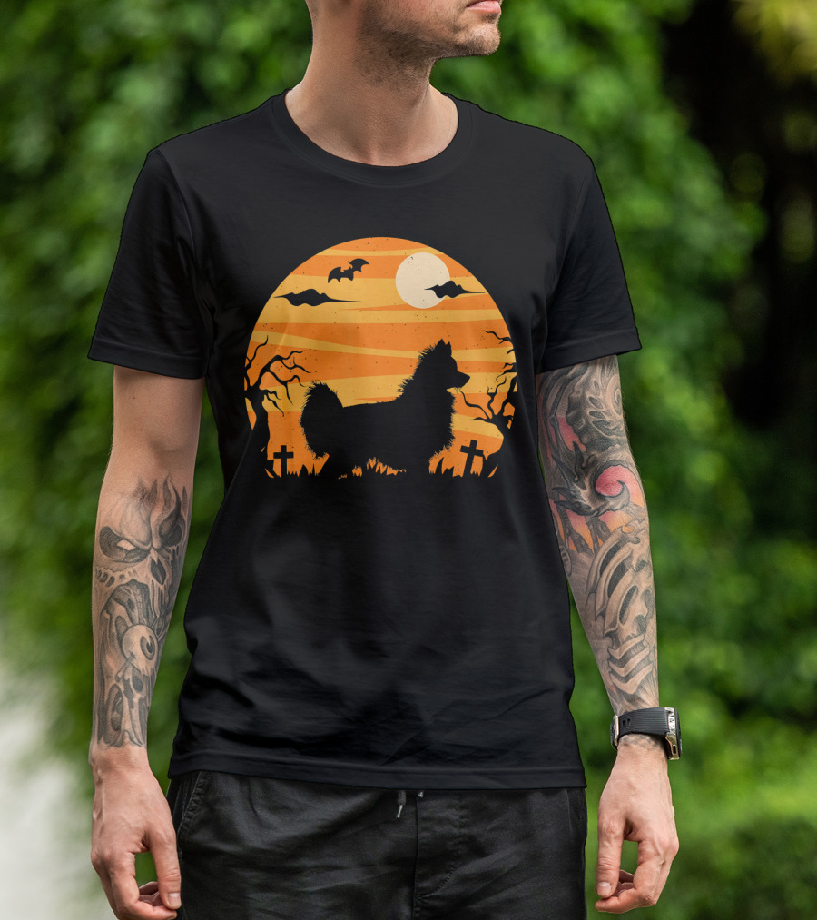 Papillon Dog Silhouette In Spooky Halloween Night Scene With Full Moon And Bats T-Shirt