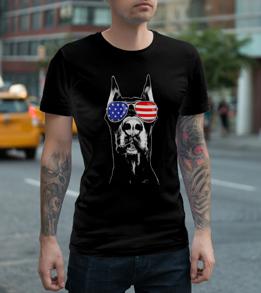 Doberman with American Flag Sunglasses Patriotic Look T-Shirt