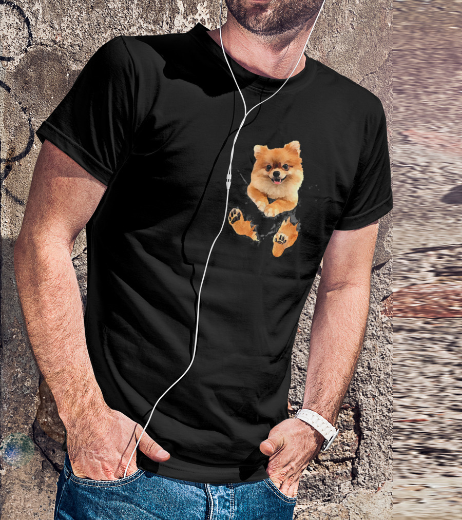 Pomeranian Puppy Peeking From Pocket T-Shirt