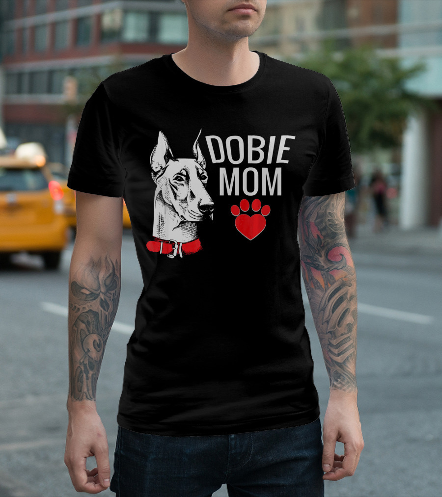 Dobie Mom Doberman Pinscher Dog with Red Collar and Heart Paw Prints T-Shirt