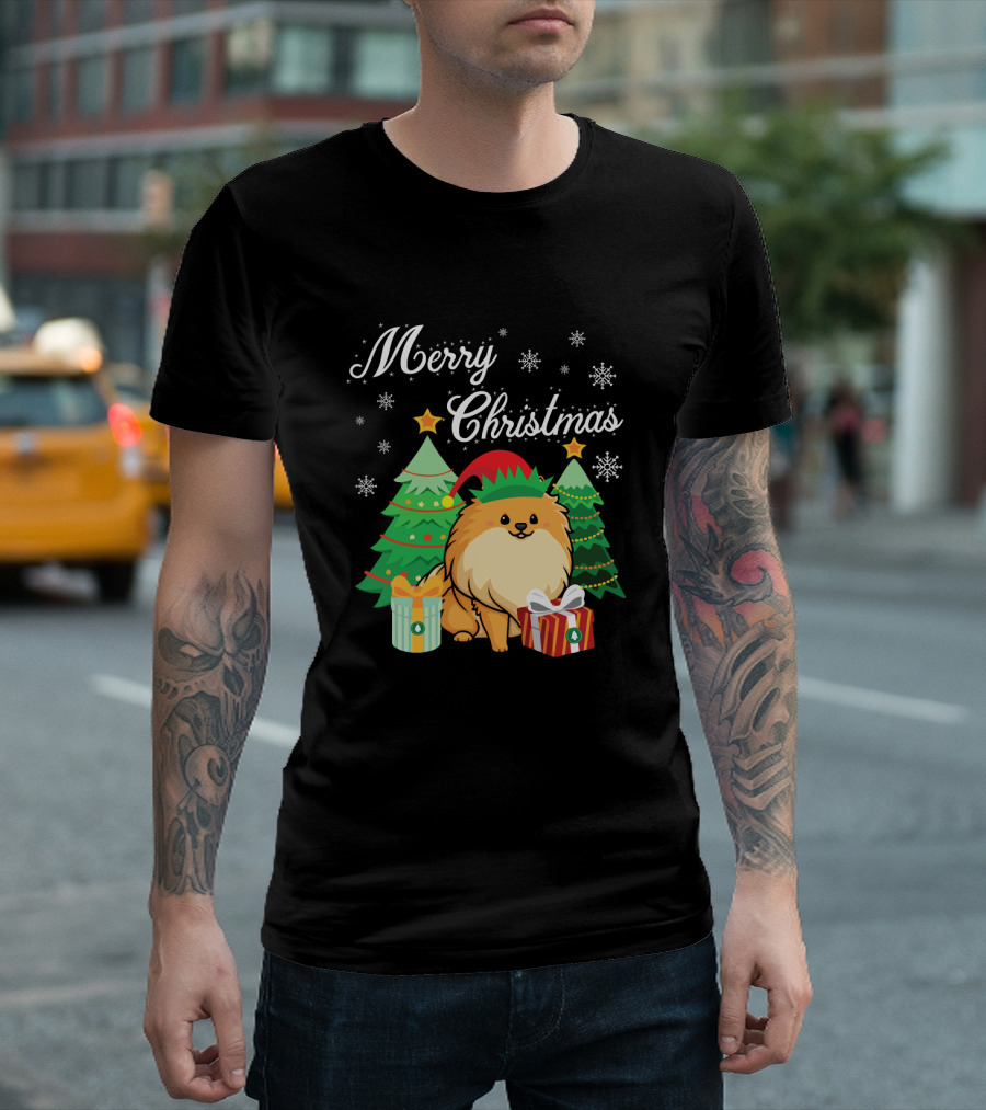 Merry Christmas Pomeranian Elf with Christmas Trees and Gifts T-Shirt