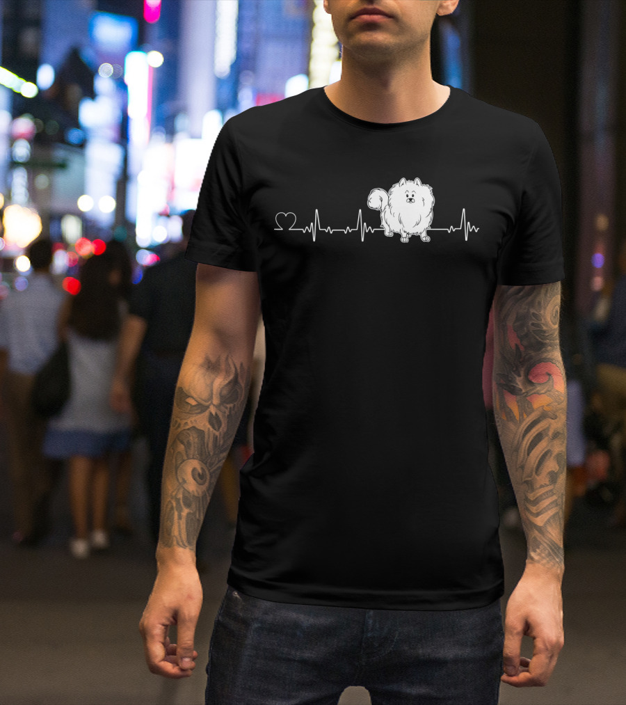Pomeranian Heartbeat With Heartbeat Line And Heart Image T-Shirt