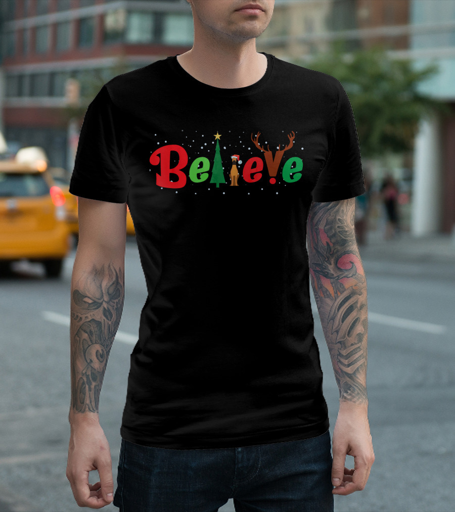 Believe Santa Great Dane Dog Xmas Costume Reindeer Tree T-Shirt