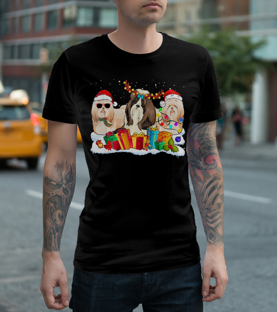 Shih Tzu Christmas Santa Hat Reindeer Antlers Gifts and Lights T-Shirt