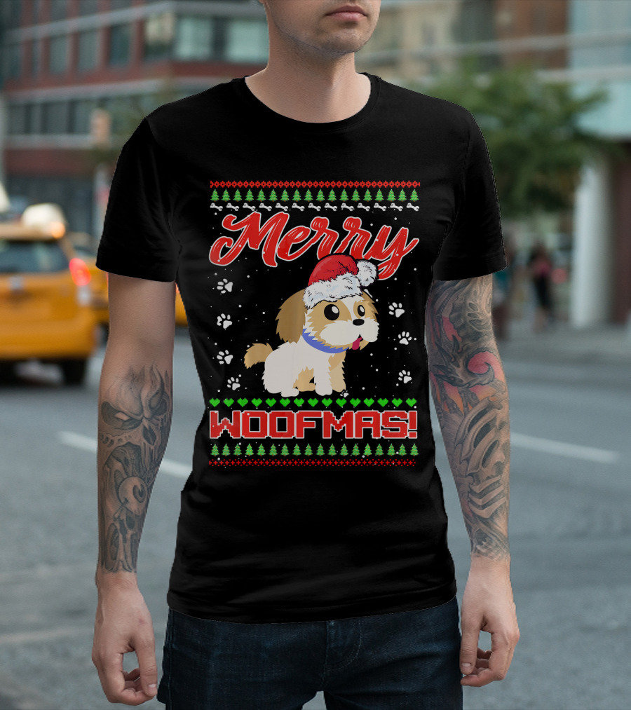 Merry Woofmas Shih Tzu in Santa Hat and Winter Holiday T-Shirt