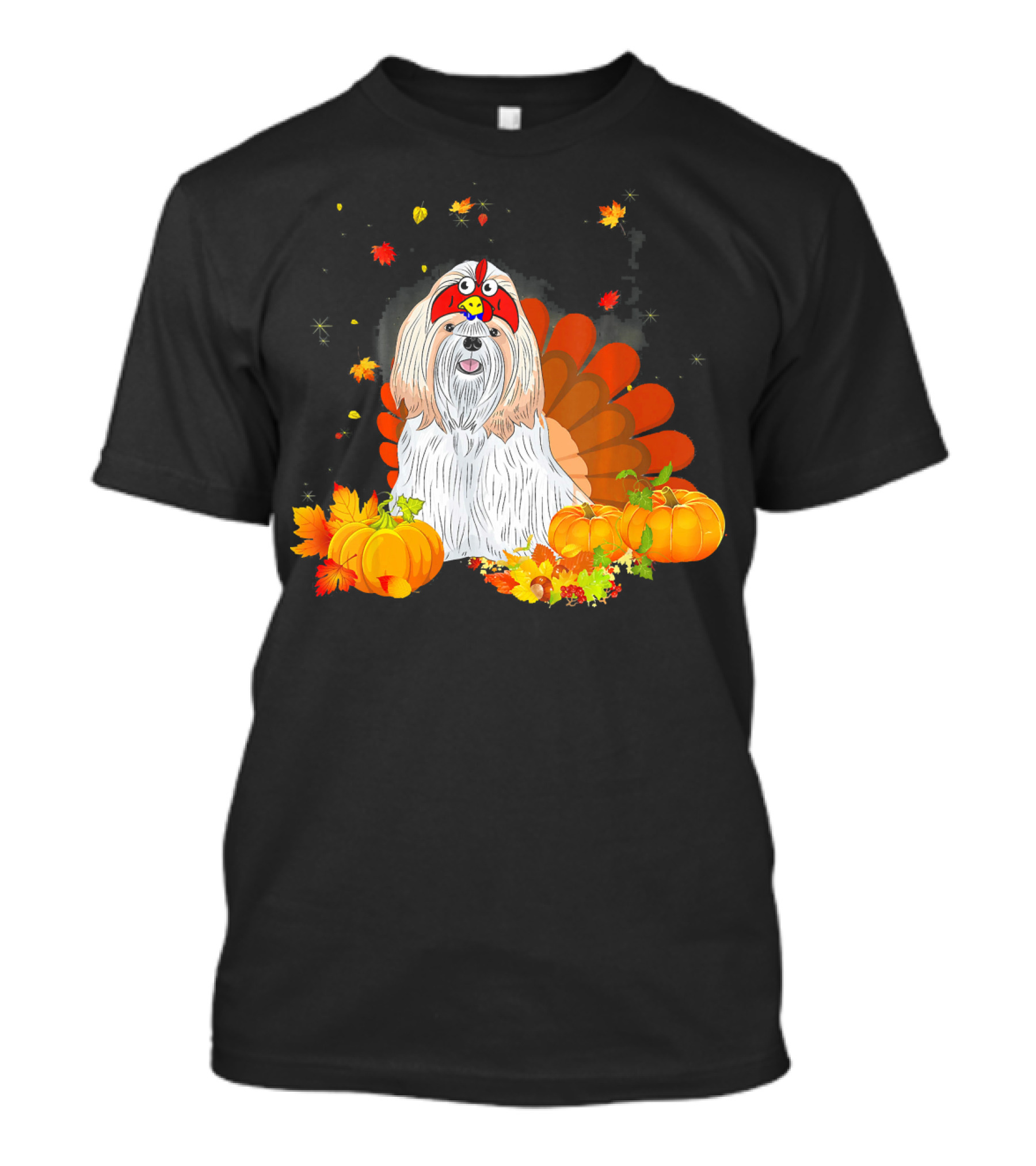 Shih Tzu Dressed As Turkey Surrounded By Pumpkins And Autumn Leaves T-Shirt