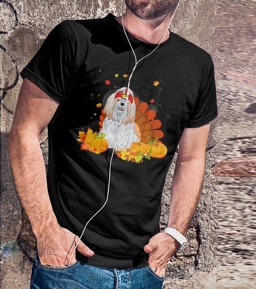Shih Tzu Dressed As Turkey Surrounded By Pumpkins And Autumn Leaves T-Shirt