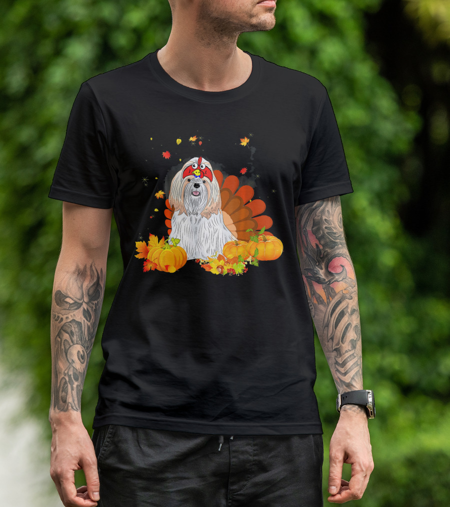 Shih Tzu Dressed As Turkey Surrounded By Pumpkins And Autumn Leaves T-Shirt