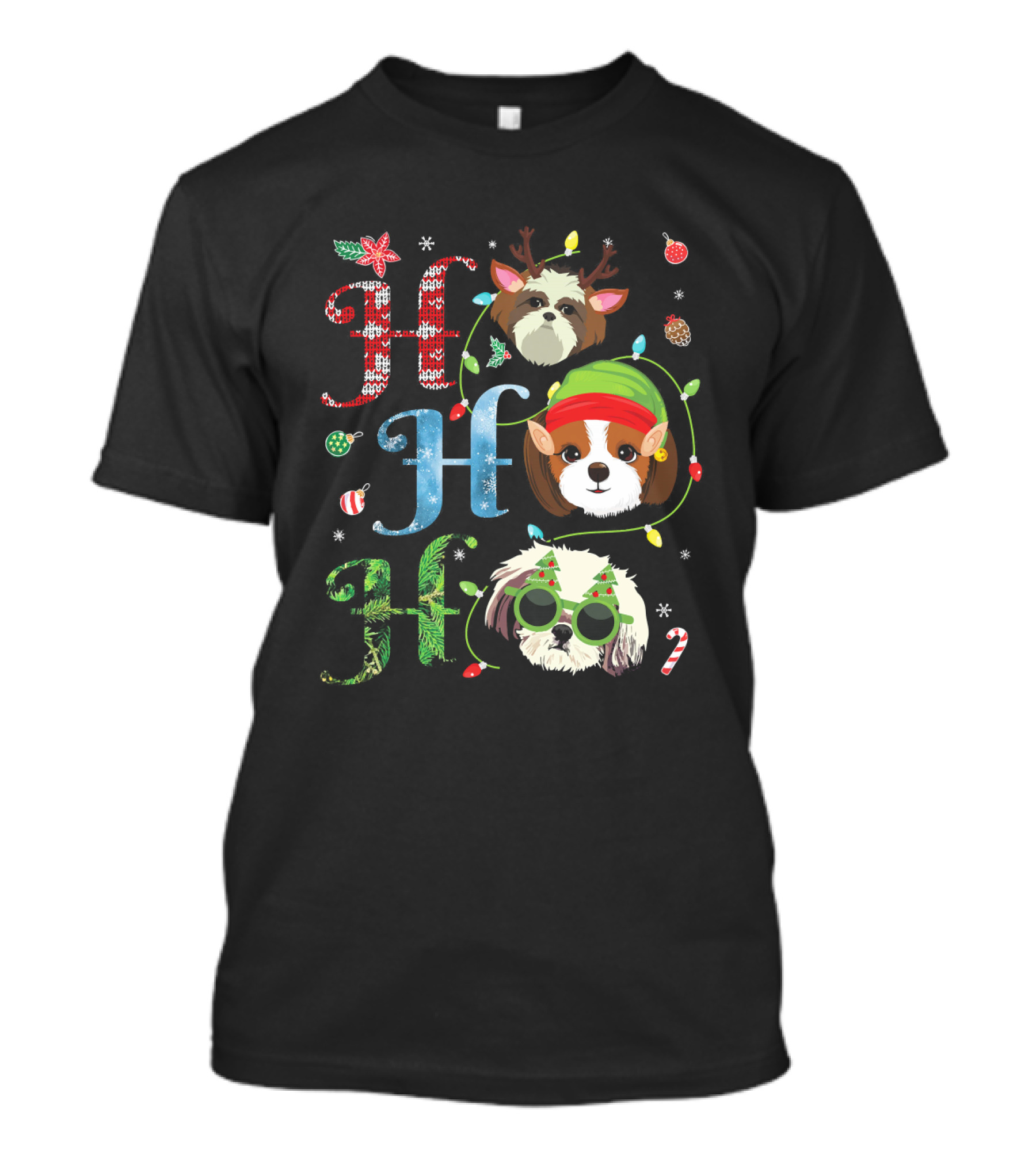 Ho Ho Ho Shih Tzu Reindeer Elf Christmas Lights T-Shirt