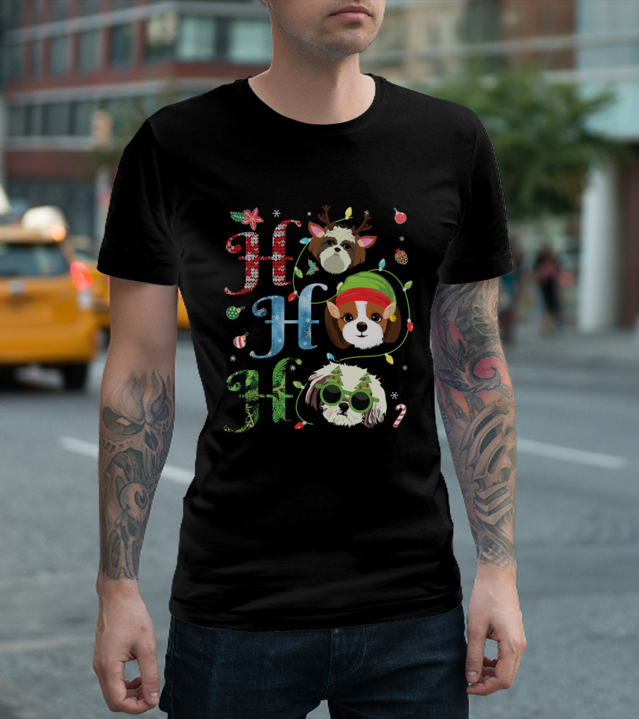 Ho Ho Ho Shih Tzu Reindeer Elf Christmas Lights T-Shirt