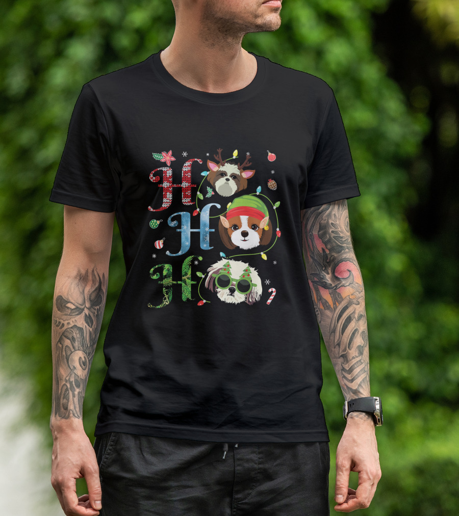 Ho Ho Ho Shih Tzu Reindeer Elf Christmas Lights T-Shirt