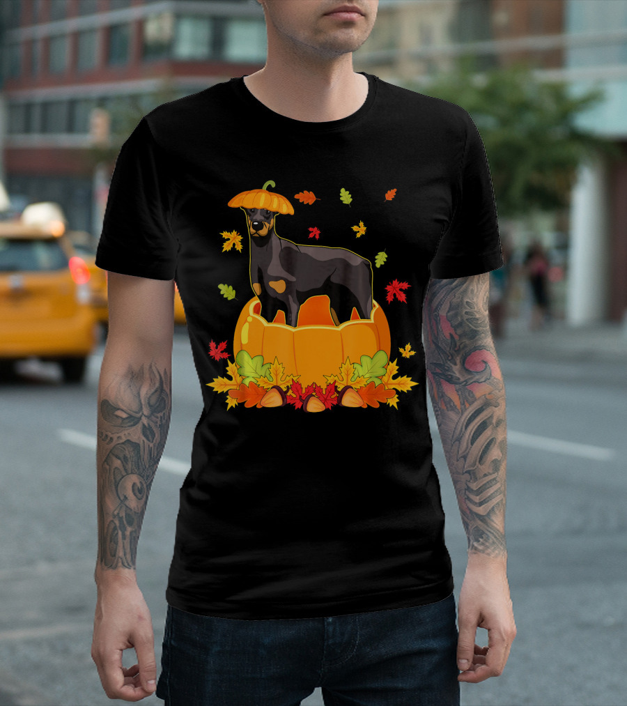 Thanksgiving Fall Leaves Doberman in Pumpkin Hat T-Shirt