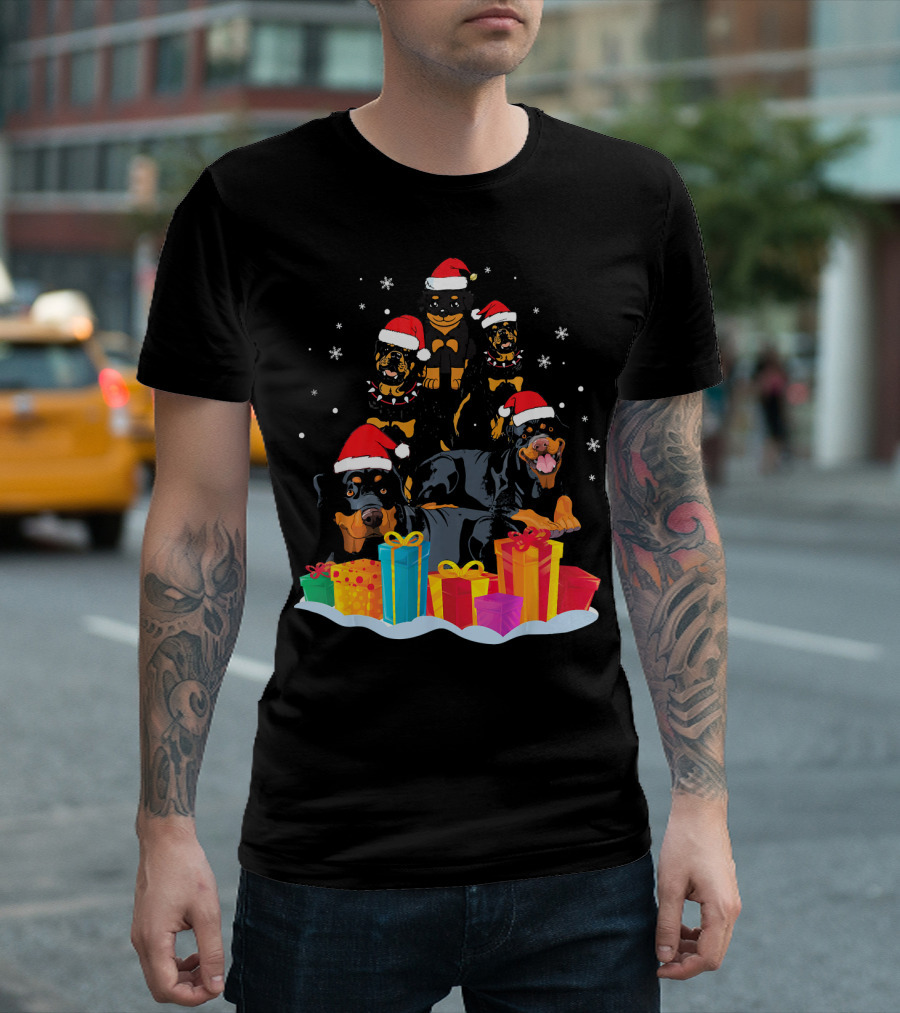 Rottweiler Pack Festive Santa Hats Snowflakes Colorful Xmas Presents T-Shirt