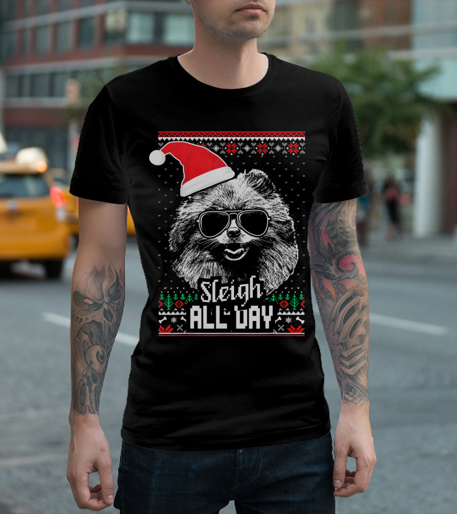 Sleigh All Day Funny Pomeranian Santa Hat Sunglasses Festive T-Shirt