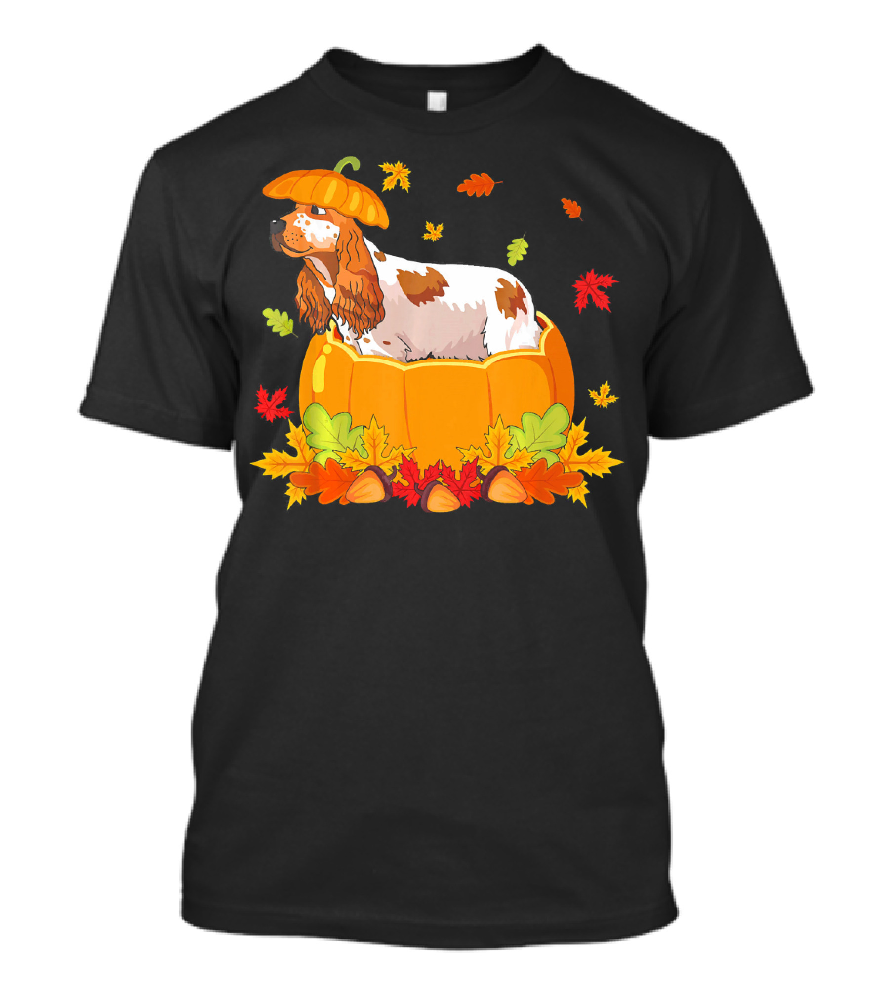 Thanksgiving Cocker Spaniel In Pumpkin With Autumn Leaves And Acorns T-Shirt