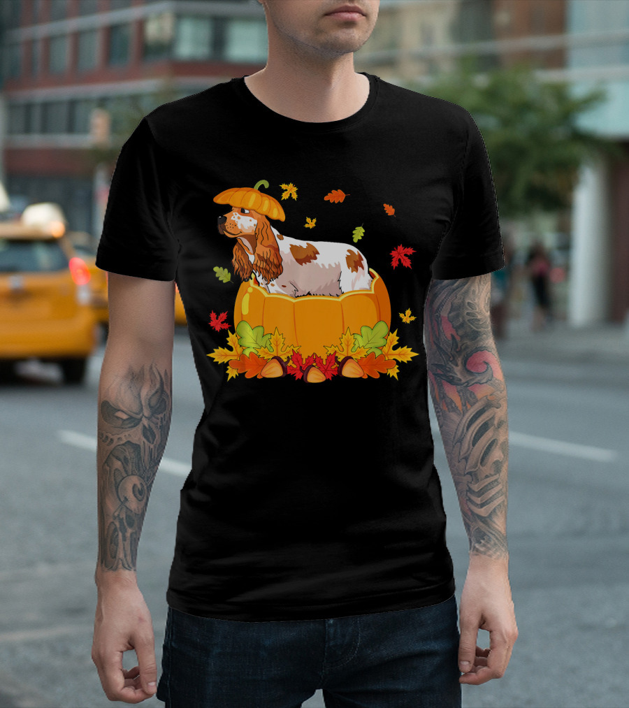 Thanksgiving Cocker Spaniel In Pumpkin With Autumn Leaves And Acorns T-Shirt