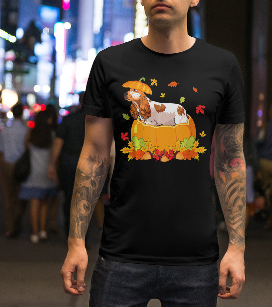 Thanksgiving Cocker Spaniel In Pumpkin With Autumn Leaves And Acorns T-Shirt
