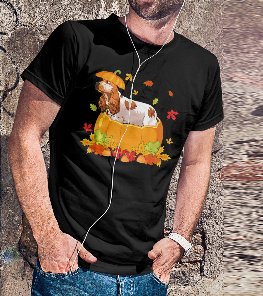 Thanksgiving Cocker Spaniel In Pumpkin With Autumn Leaves And Acorns T-Shirt