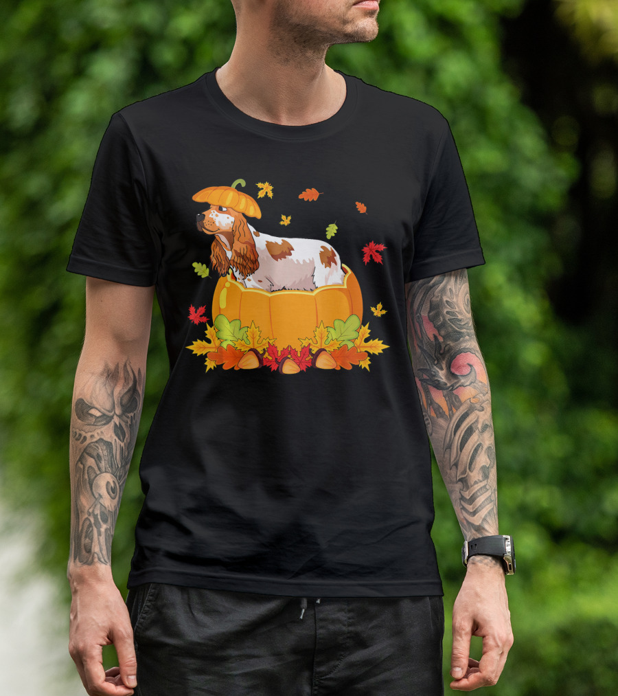 Thanksgiving Cocker Spaniel In Pumpkin With Autumn Leaves And Acorns T-Shirt