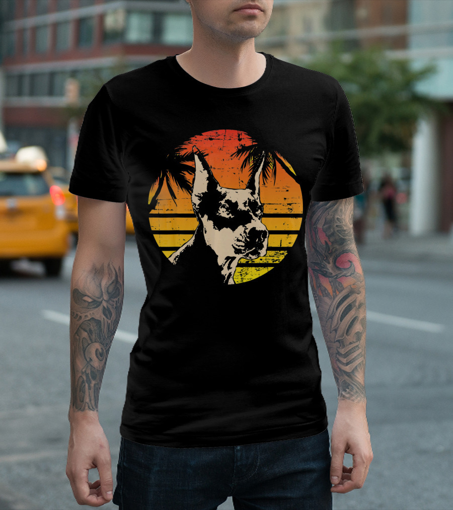 Doberman Pinscher Retro Sunset Palm Trees T-Shirt