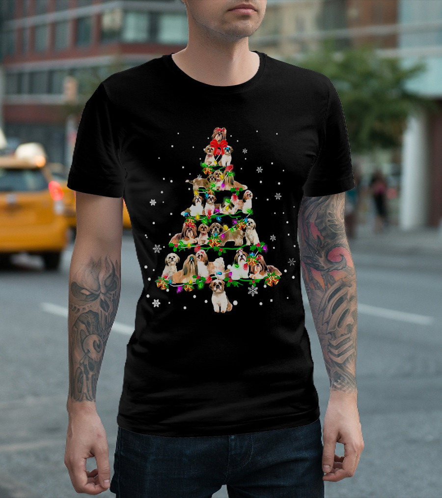 Cute Shih Tzu Dog Christmas Tree Holiday Festive Snowflakes T-Shirt