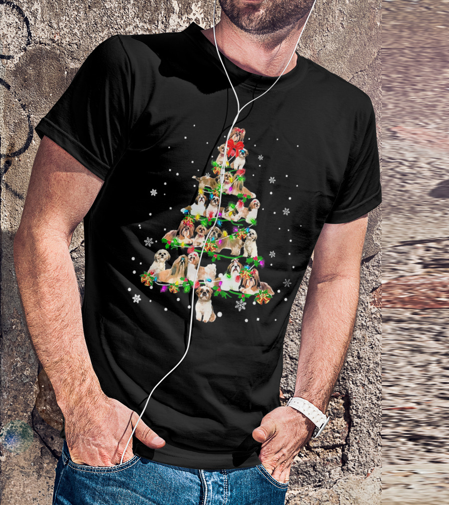 Cute Shih Tzu Dog Christmas Tree Holiday Festive Snowflakes T-Shirt
