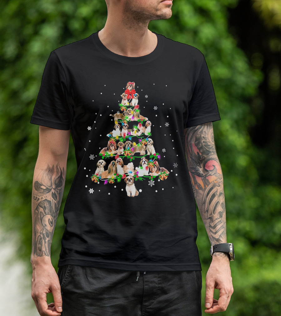 Cute Shih Tzu Dog Christmas Tree Holiday Festive Snowflakes T-Shirt