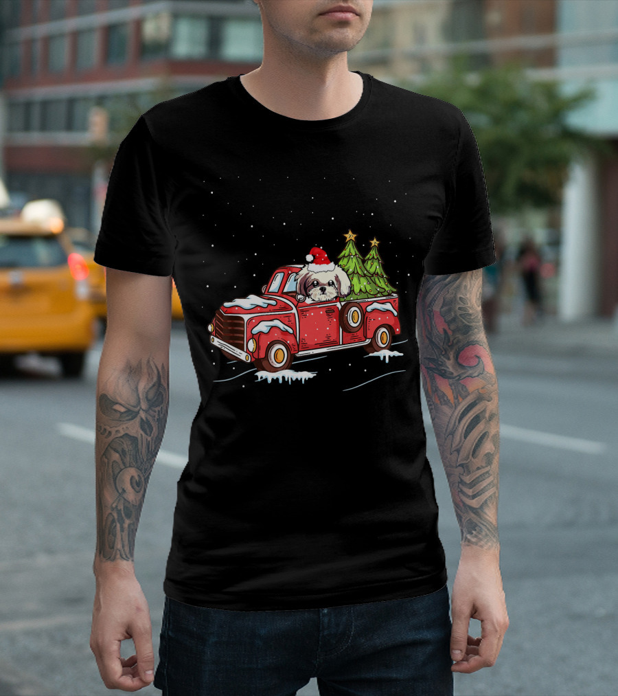 Shih Tzu Santa Hat Christmas Trees in Red Truck Snow Scene T-Shirt