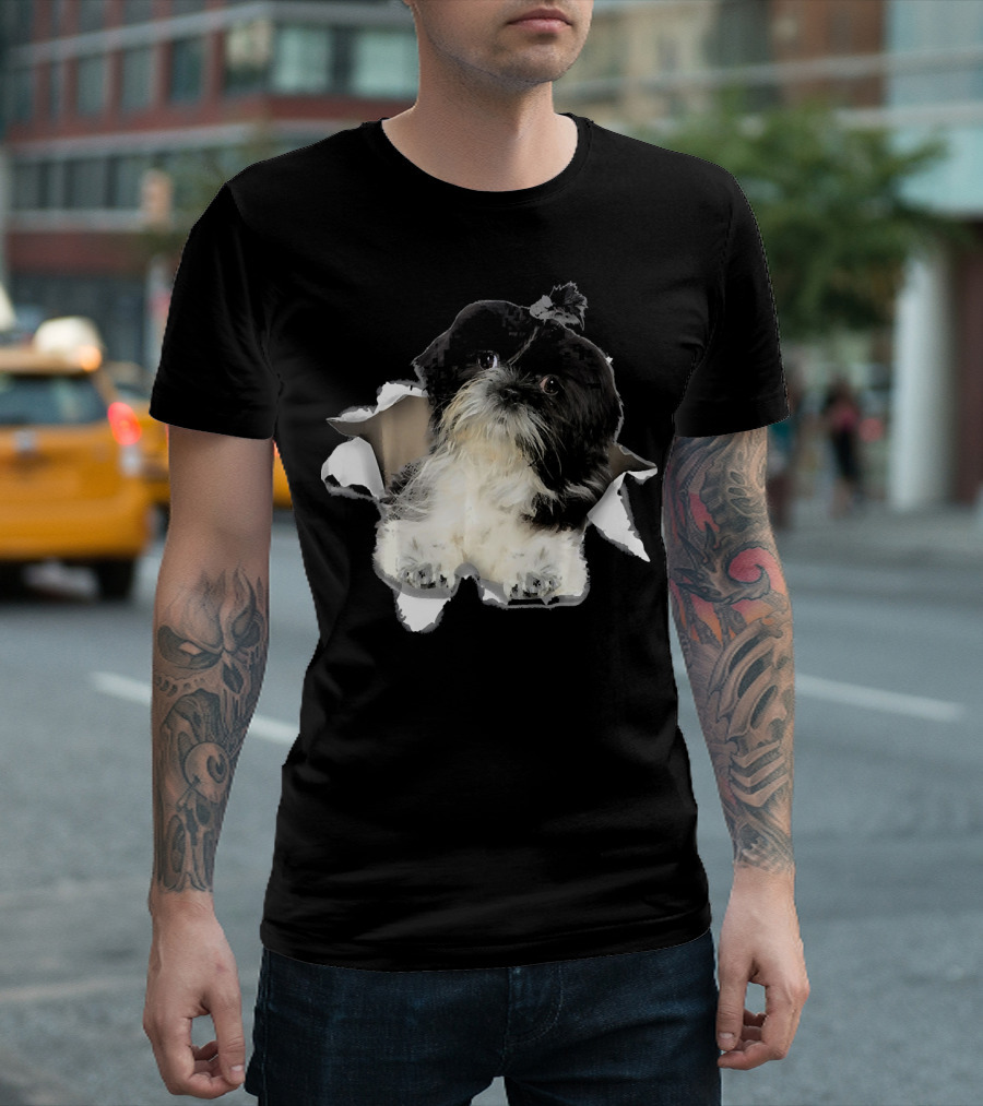 Shih Tzu Inside Torn Hole Dog Mid T-Shirt