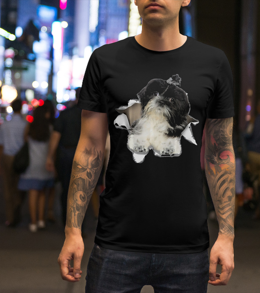 Shih Tzu Inside Torn Hole Dog Mid T-Shirt
