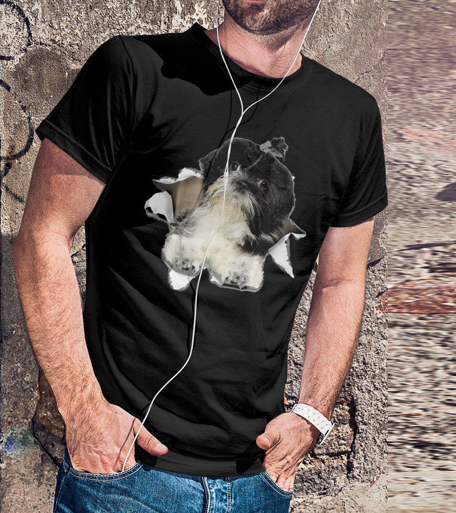 Shih Tzu Inside Torn Hole Dog Mid T-Shirt