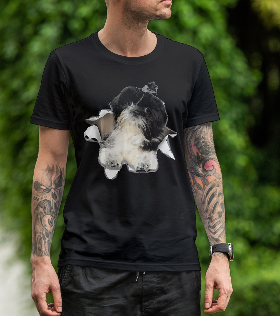 Shih Tzu Inside Torn Hole Dog Mid T-Shirt